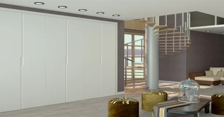 Frente de armario de puertas abatibles, lacado en blanco con tirador fresado y canal