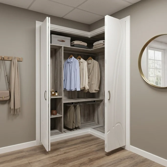 Frente de armario lacado blanco en esquina, fresado diseño, de apertura plegable, cerrado