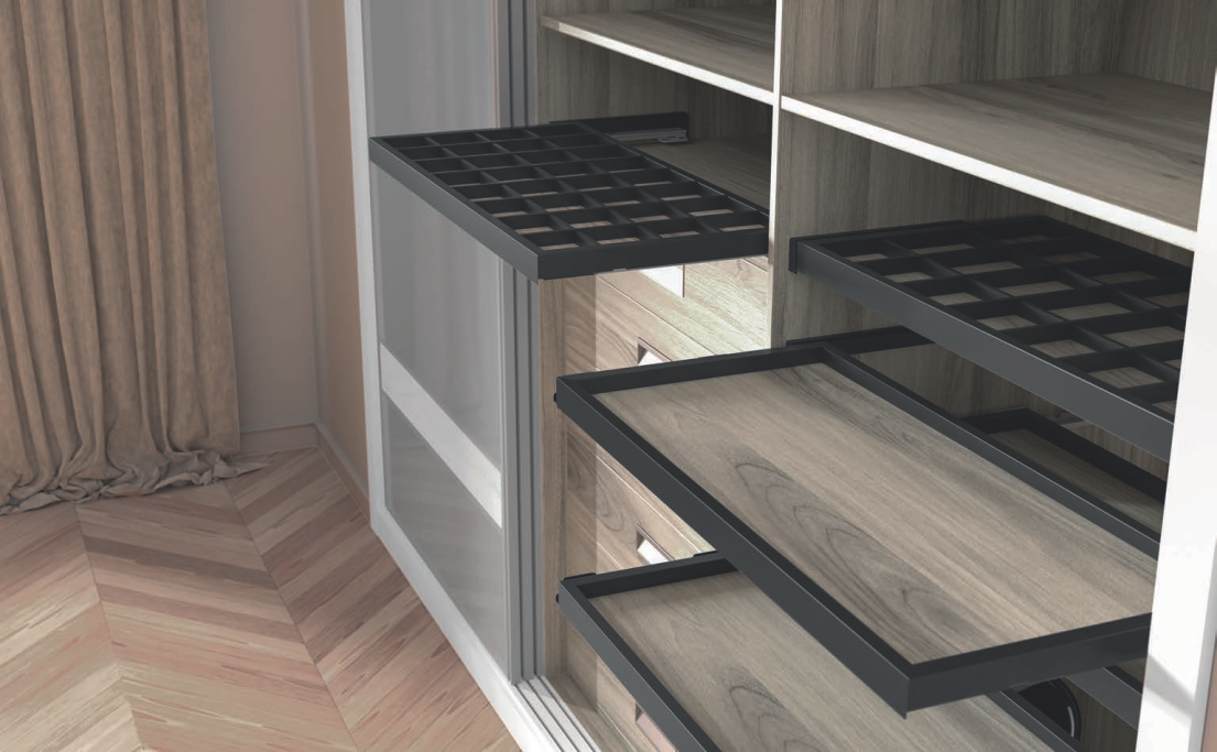 Muebles modernos con bandejas deslizables en tonos claros y oscuros.