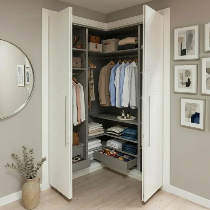 Frente de armario lacado blanco modelo Mapi de apertura plegable, abierto y con ropa