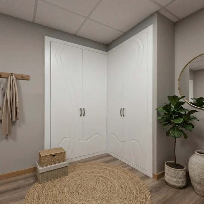 Frente de armario lacado blanco en esquina, fresado diseño, de apertura plegable, cerrado